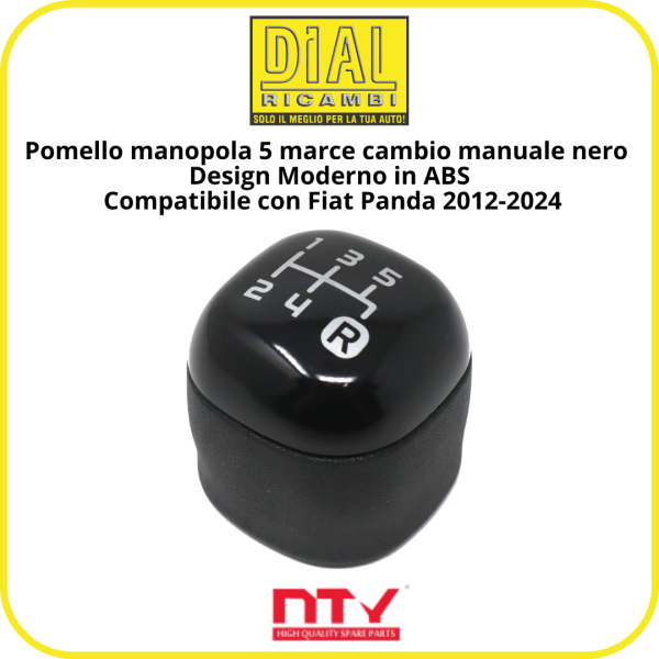Pomello manopola 5 marce cambio manuale nero – Design Moderno in ABS | Compatibile con Fiat Panda 2012-2024