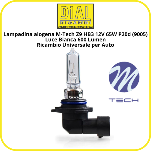 Lampadina alogena M-Tech Z9 HB3 12V 65W P20d (9005) – Luce Bianca 600 Lumen | Ricambio Universale per Auto